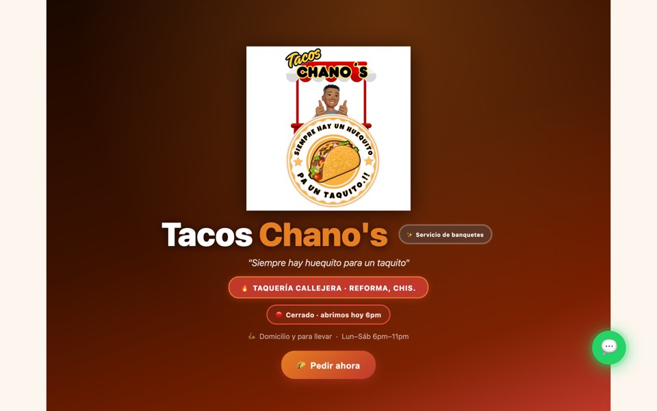Captura del sitio web de Tacos Chano's