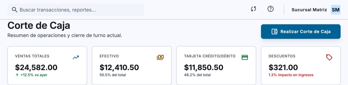 Corte de caja con ventas, efectivo, tarjeta y descuentos del turno