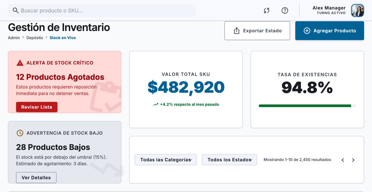 Gestión de inventario con alertas de stock crítico y bajo
